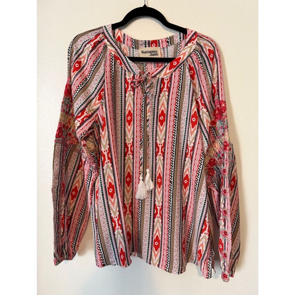 NWT SAVANNA JANE Top Womens Pink Cottagecore Peasant Southwest Pattern Size XL - Picture 1 of 9